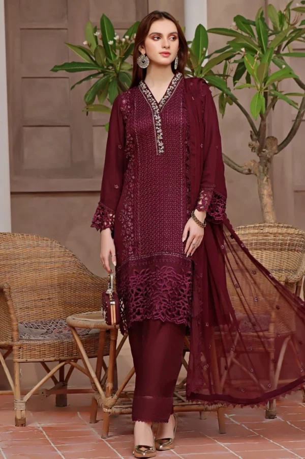 Crimson Luxury Chiffon Embroidered Unstitched Suit – Chickenkari & Handwork Detailing - Image 3
