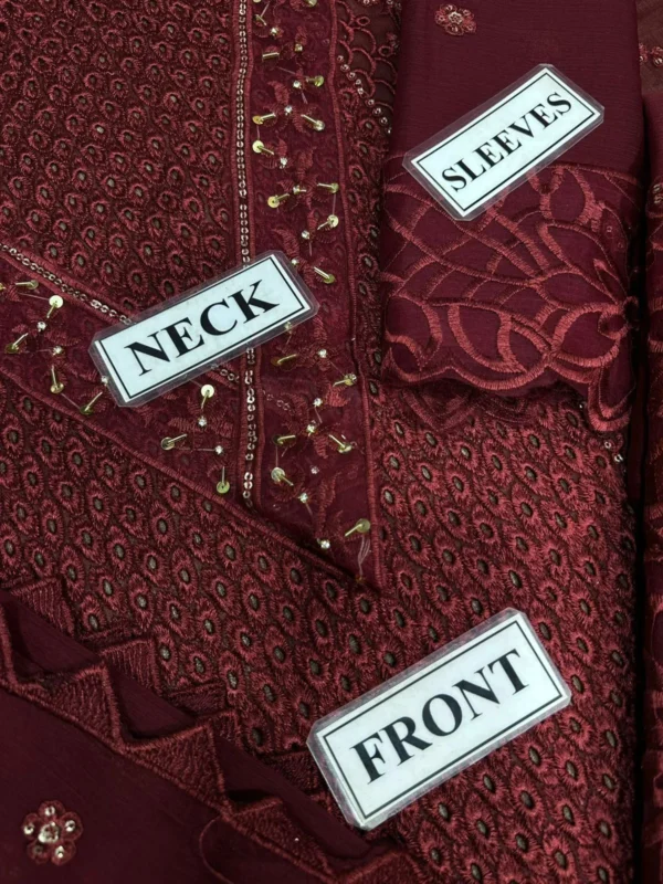 Crimson Luxury Chiffon Embroidered Unstitched Suit – Chickenkari & Handwork Detailing - Image 2
