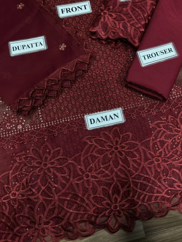 Crimson Luxury Chiffon Embroidered Unstitched Suit – Chickenkari & Handwork Detailing - Image 4