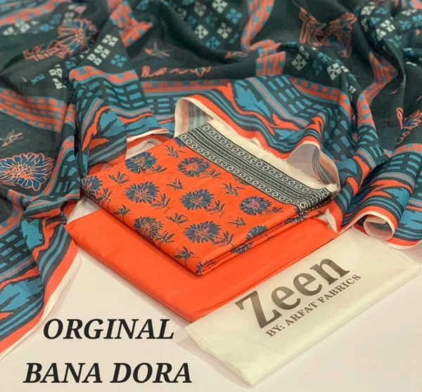 Zeen Original 3pc Printed Lawn Suit – Digital Lawn Shirt, Voile Dupatta & Dyed Trouser - Image 11